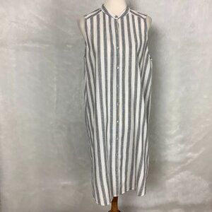Eileen Fisher Ivory & Black Cotton Linen Stripe Sleeveless Shirt Dress L